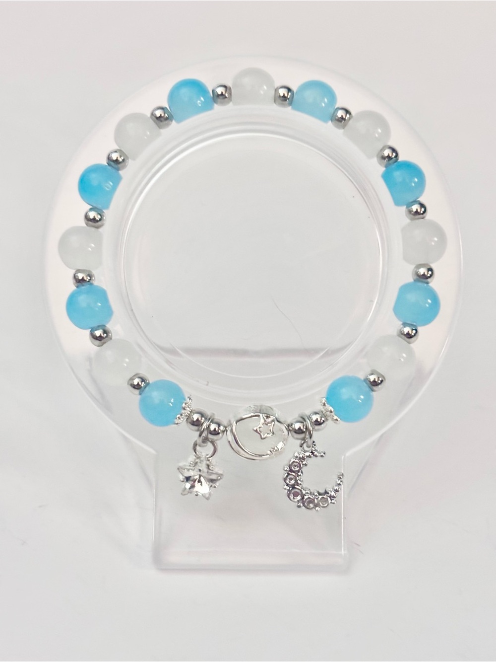Handmade Silver Moon & Star Charm Blue and White Beaded Bracelet